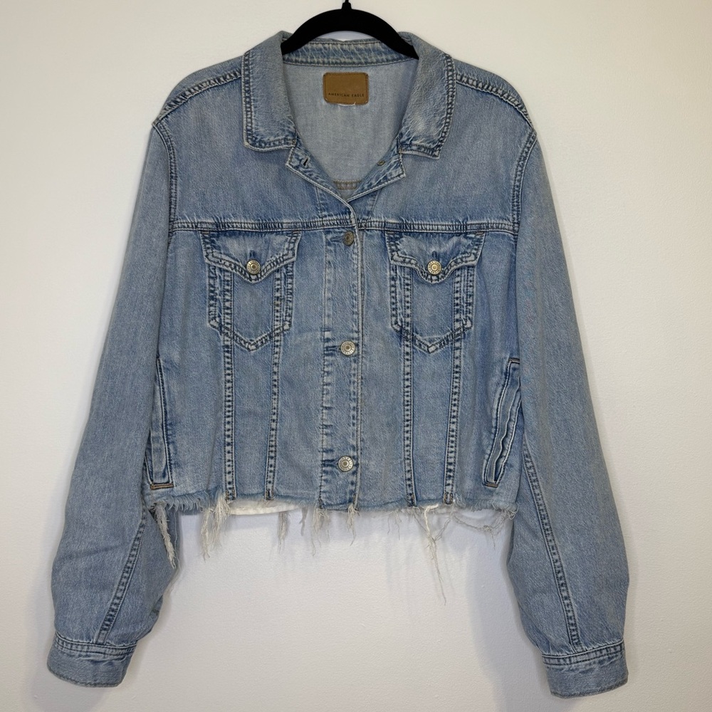 American Eagle Cropped Distressed Light Wash Denim Jacket